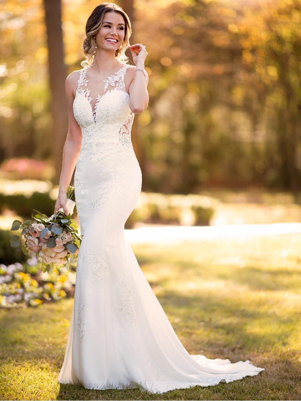 Stella York White Crepe Gown with Lace Open-Back incl. veil